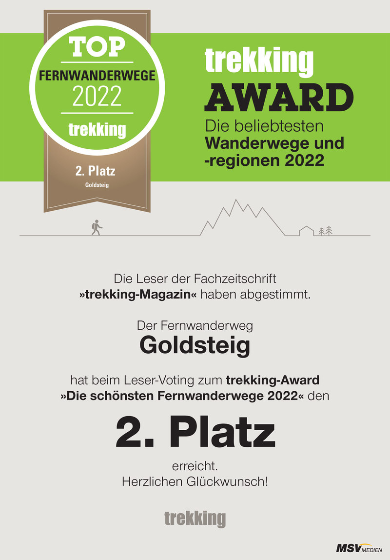 2. Platz beim Trekking Award für den Goldsteig in der Kategorie “Schönster Fernwanderweg” (D/A/CH) belohnt.