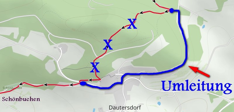 Umleitung auf Goldsteig-Etappe S8 bei Dautersdorf