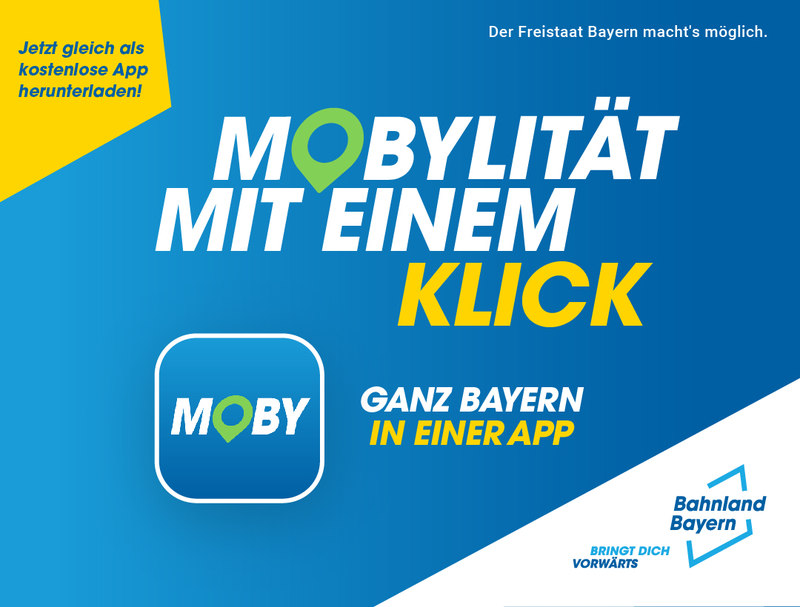 Unterwegs in Bayern? Ab sofort mit der kostenfreien Mobilitätsapp MoBY. Egal, ob du den nächsten Zug, Bus, S-Bahn, U-Bahn oder alternative Angebote nehmen möchtest, in der MoBY-App hast du alles auf einen Blick und deine Reise kann entspannt beginnen!