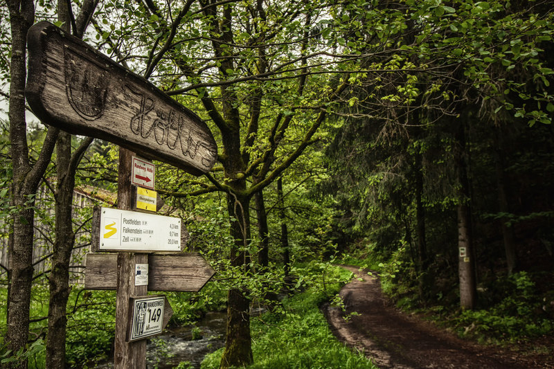 Ein aus Holz geschnitzter Wegweiser zeigt den Wanderern den Weg zum Naturschutzgebiet 