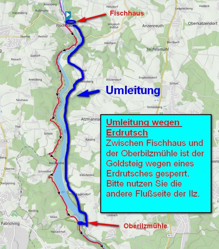 Etappe S22 Ruderting bis Passau: Sperrung bis Oberilzmühle