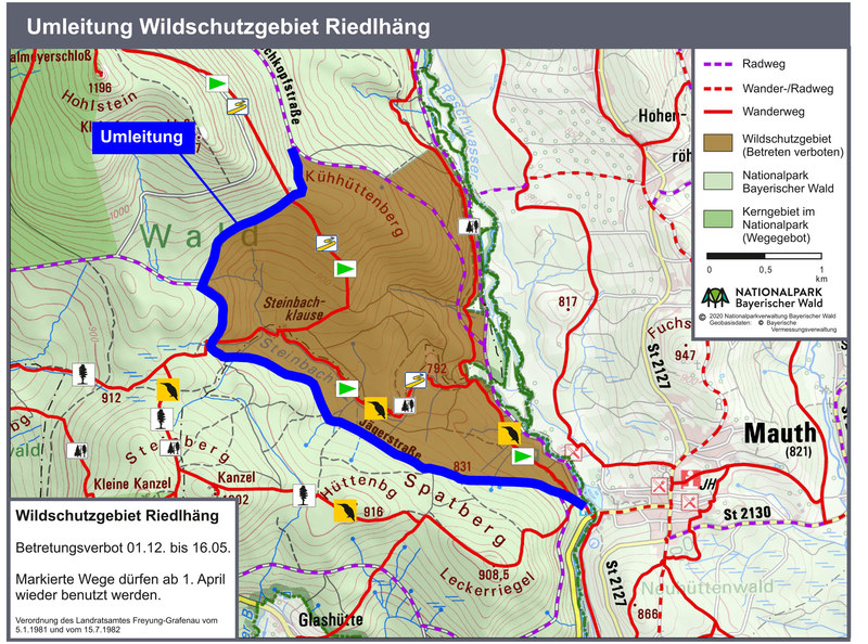 Vom 01.12.23 -16.05.24 ist der Goldsteig Abschnitt durch das Wildschutzgebiet Riedlhäng (Steinbachklause) gesperrt.